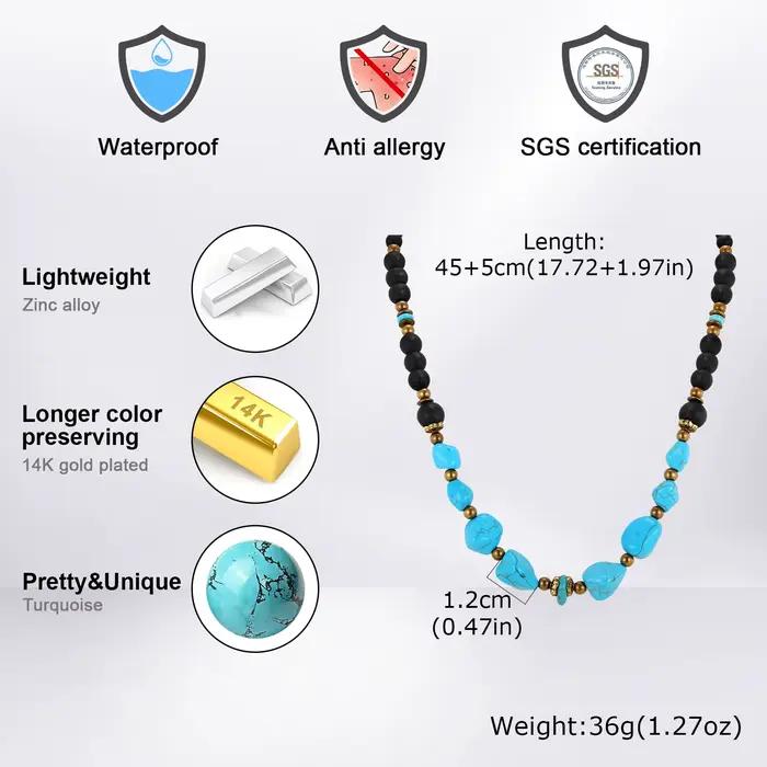 Collier vintage en perles turquoise pour hommes et garçons, colliers ethniques en pierres naturelles irrégulières, bijoux bohèmes d'été, cadeau