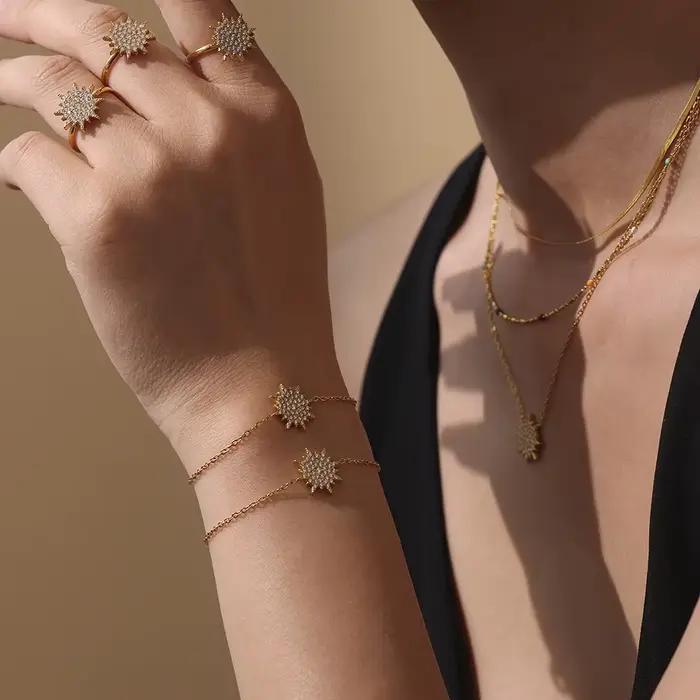 Collier et Bracelet en acier inoxydable pour femmes, anneau exquis, forme radiale, breloque étanche, bijoux de luxe pour Banquet
