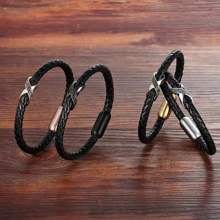 XQNI Infinity Logo Design Bracelet en cuir pour hommes croix luxe en acier inoxydable bijoux cadeau bracelets avec boucle magnétique