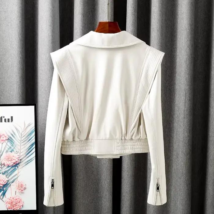 Veste pour femmes 2025 nouveau manteau européen en cuir véritable femme fermeture éclair grand revers court surdimensionné Locotive blanc Jaqueta Feminina