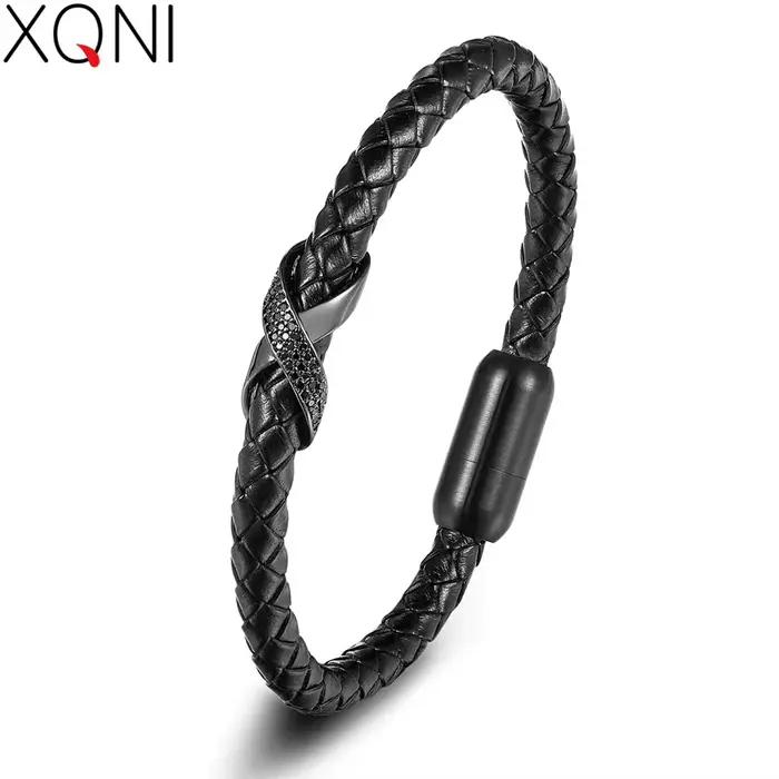 XQNI Infinity Logo Design Bracelet en cuir pour hommes croix luxe en acier inoxydable bijoux cadeau bracelets avec boucle magnétique