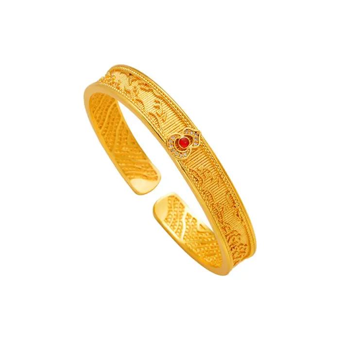 Bracelet manchette ouvert en or massif 24K AU999, motif nuage filigrané Ruyi, avec gemme rouge, unisexe, vintage, pour homme, femme, couple, bijou porte-bonheur, cadeau de mariage