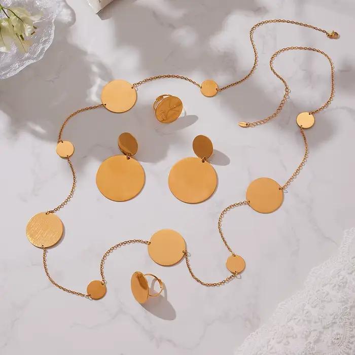 Collier disque boucle d'oreille bague pour femme plaqué or 18 carats chaîne de pull en acier inoxydable 100 cm de long colliers boucles d'oreilles pendantes bagues