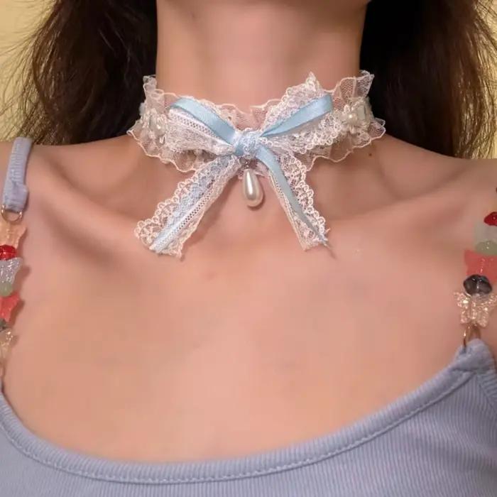 Collier ras du cou élégant en dentelle blanche avec nœud perlé, collier en dentelle tridimensionnel féminin pour rendez-vous, thé Lolita