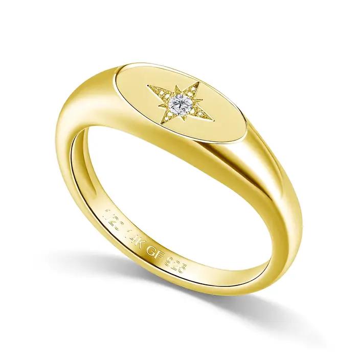Bagues Chevalière en Or Rempli 14K pour Hommes et Femmes, Bague Moissanite Étoilée Polie Miroir, Étanche, Bijoux Fins, Testée au Diamant