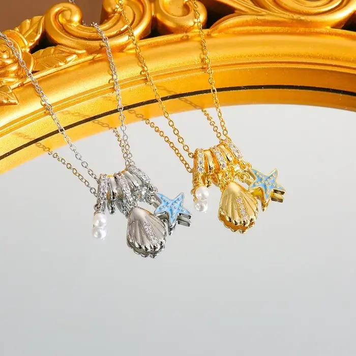 Collier multi-breloques style marin, étanche, en acier inoxydable, avec pendentifs étoile de mer bleue, coquillage, perle et cristal, bijoux de plage pour les vacances