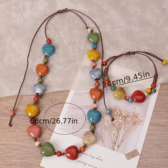 2 pièces, un collier et un bracelet, collier Dopamine en céramique, artisanat, collier en céramique, perles colorées faites à la main, réglable