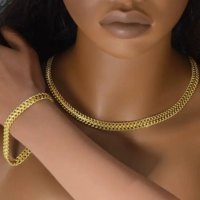 Ensemble de bijoux double rangée Cuban Link plaqué or, collier et bracelet à chaîne épaisse, kit de bijoux, ornement décontracté streetwear, cadeau