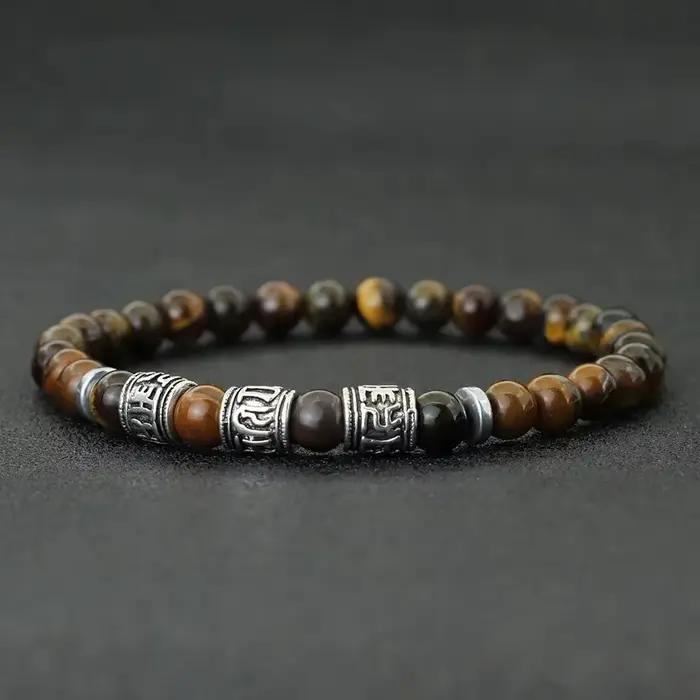 Noter Mantra Bracelet pour hommes 6mm Howlite lave yeux de tigre perles Braslet Viking accessoires Pulseras Para Hombre Tibet Braclet
