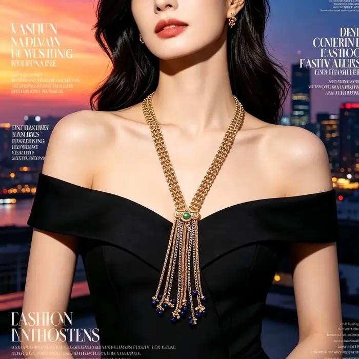 Collier lariat à pampilles en maille métallique, chaîne principale large en maille dorée tissée à la main, incrusté de cabochon vert naturel, superposé multicolore