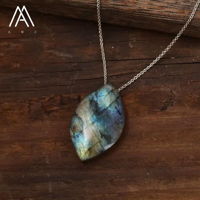 Collier pendentif en labradorite naturelle, chaîne en acier inoxydable, pierres précieuses irrégulières, colliers de mode, bijoux, accessoires quotidiens, unisexe