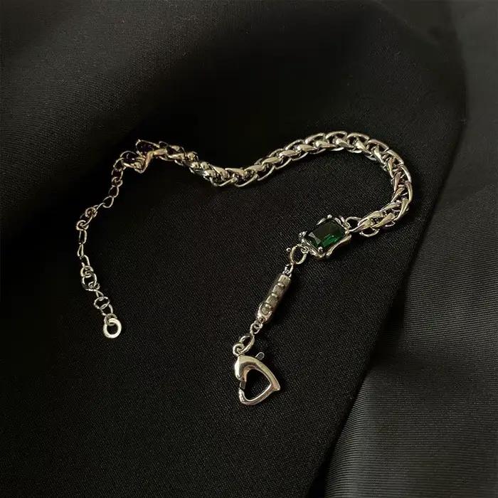 ANENJERY couleur argent vert carré Zircon épais Thain Bracelet femme Vintage fait à la main Thai argent bijoux