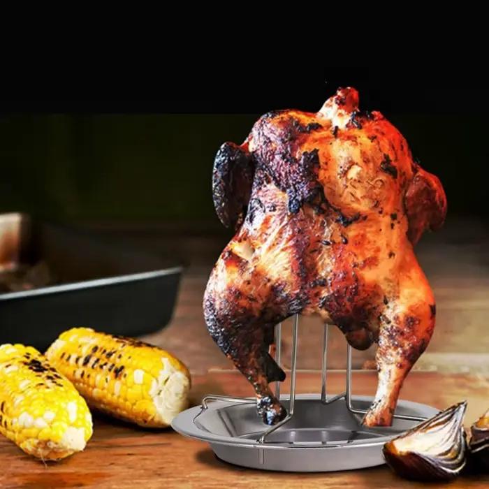 Support de gril à rôtir avec bol, support de rôtissoire pour poulet, outils de cuisine pour barbecue en plein air, support antiadhésif pour poulet grillé en acier inoxydable