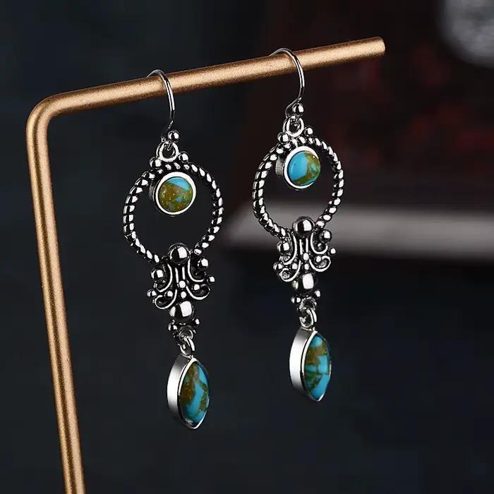 JoiasHome-Boucles d'Oreilles sulfTurquoise Incrustées pour Femme, Argent Sterling 925, Style Ethnique Thaïlandais, Cadeaux de Mariage Vintage