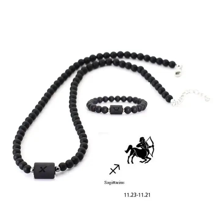 Ensemble de bijoux en pierre d'onyx inaltérable pour hommes, collier et bracelet 12 constellations, collier court 19 amaran, 8mm, 2 pièces par ensemble