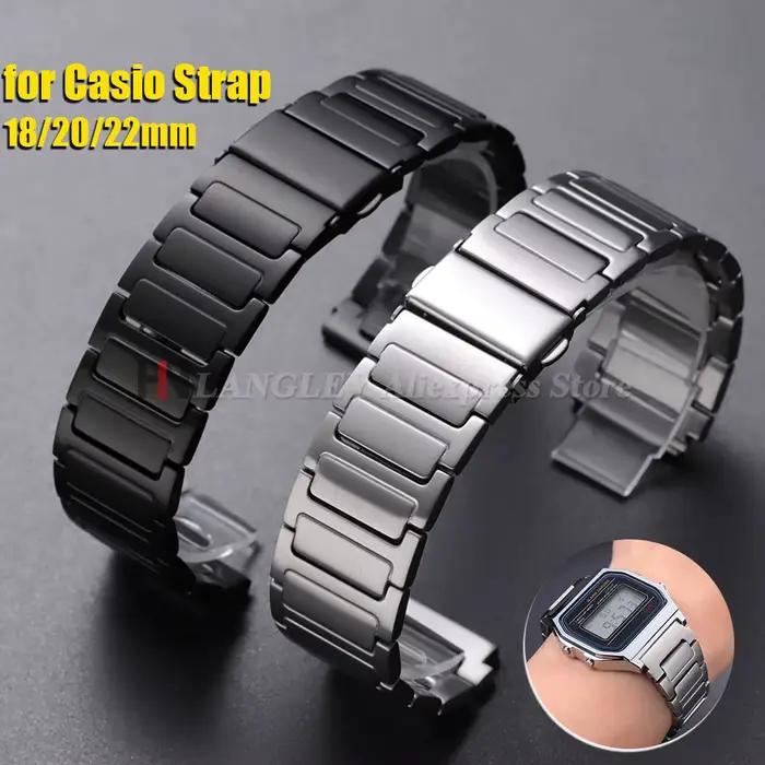 Bracelet de montre en acier inoxydable pour Casio, 18mm, 20mm, 22mm, pour montre connectée, boucle pliante, argent, noir, ceinture de Sport pour hommes