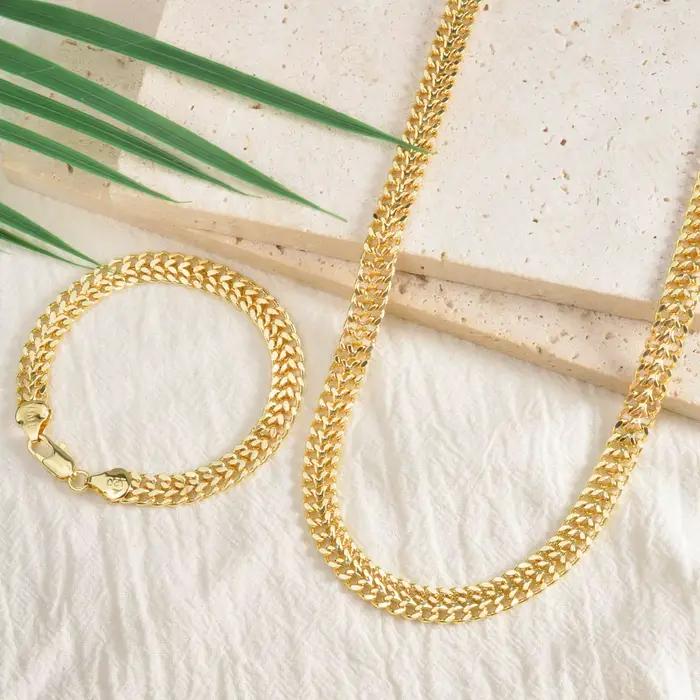 Ensemble de bijoux double rangée Cuban Link plaqué or, collier et bracelet à chaîne épaisse, kit de bijoux, ornement décontracté streetwear, cadeau