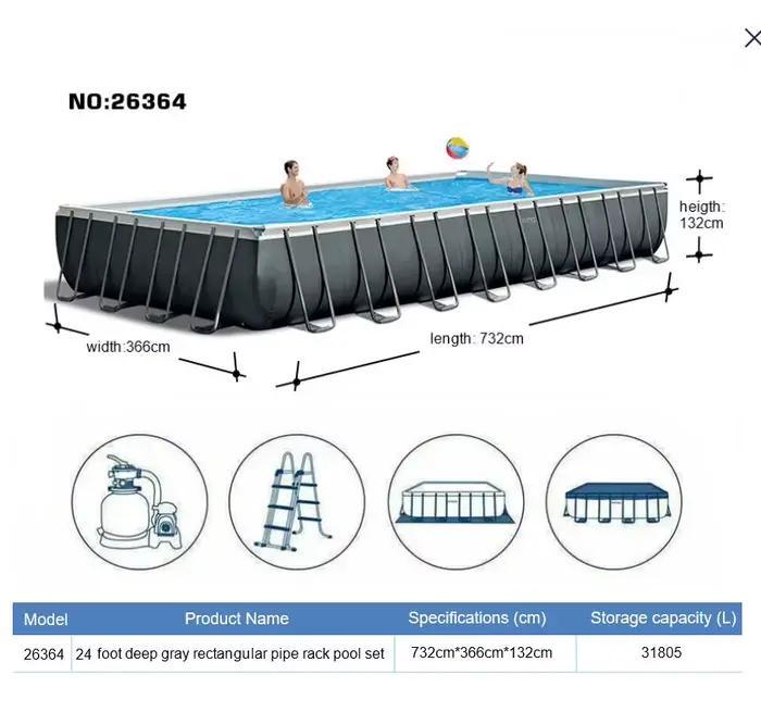 Piscine hors sol avec structure en acier, 7,32x3,66x1,32m, piscine rectangulaire en PVC durable avec structure métallique, piscine extérieure pour la famille