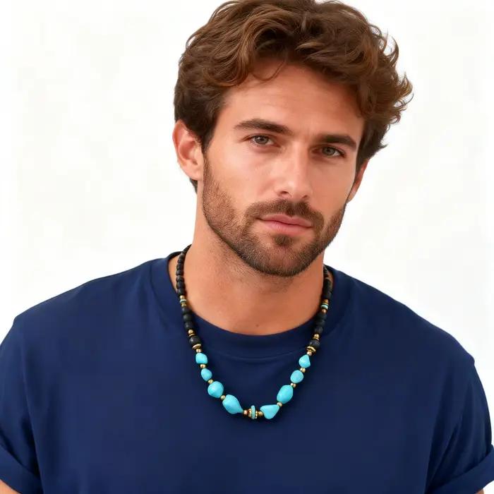 Collier vintage en perles turquoise pour hommes et garçons, colliers ethniques en pierres naturelles irrégulières, bijoux bohèmes d'été, cadeau