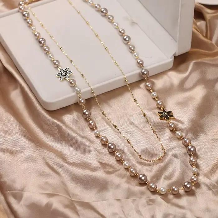 Femmes perles Double couches Long collier de haute qualité fête de mariage bijoux accessoires pour dame chaîne élégante Collares de moda