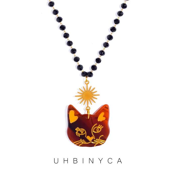 Collier pendentif chat mignon, longue chaîne à breloque en acrylique pour femmes, bijoux en acier inoxydable de déclaration d'automne et d'hiver