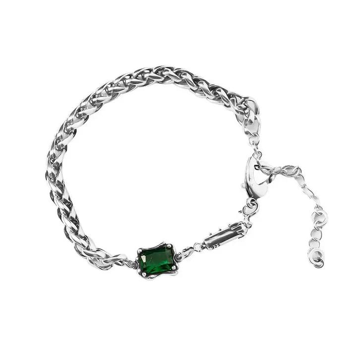 ANENJERY couleur argent vert carré Zircon épais Thain Bracelet femme Vintage fait à la main Thai argent bijoux