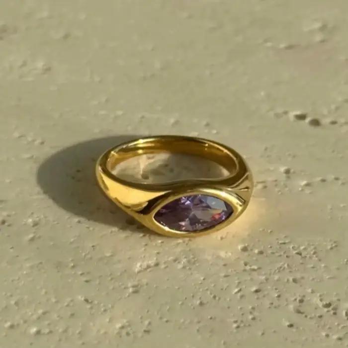 Bague en pierres précieuses en or 18 carats, bague chevalière, bague en cristal solitaire en or, bague de déclaration, cadeau pour elle