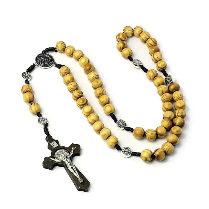 Collier chapelet en bois fait main, ornement de voiture, collier de perles en bois religieux, pendentif crucifix catholique élégant, chaîne d'église