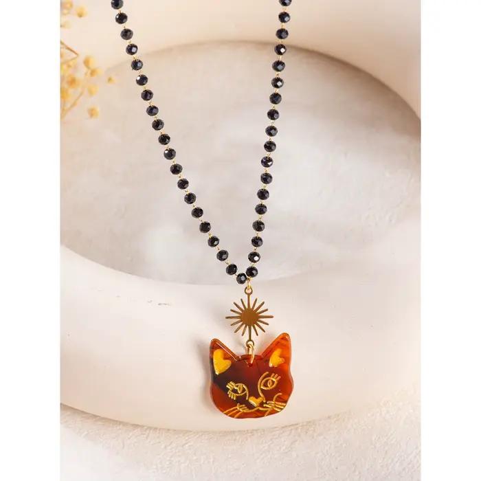 Collier pendentif chat mignon, longue chaîne à breloque en acrylique pour femmes, bijoux en acier inoxydable de déclaration d'automne et d'hiver