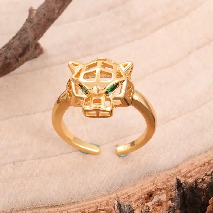 Bague chic plaquée or en forme de panthère, taille fixe avec yeux en cristal vert, bijou tendance tête d'animal pour elle