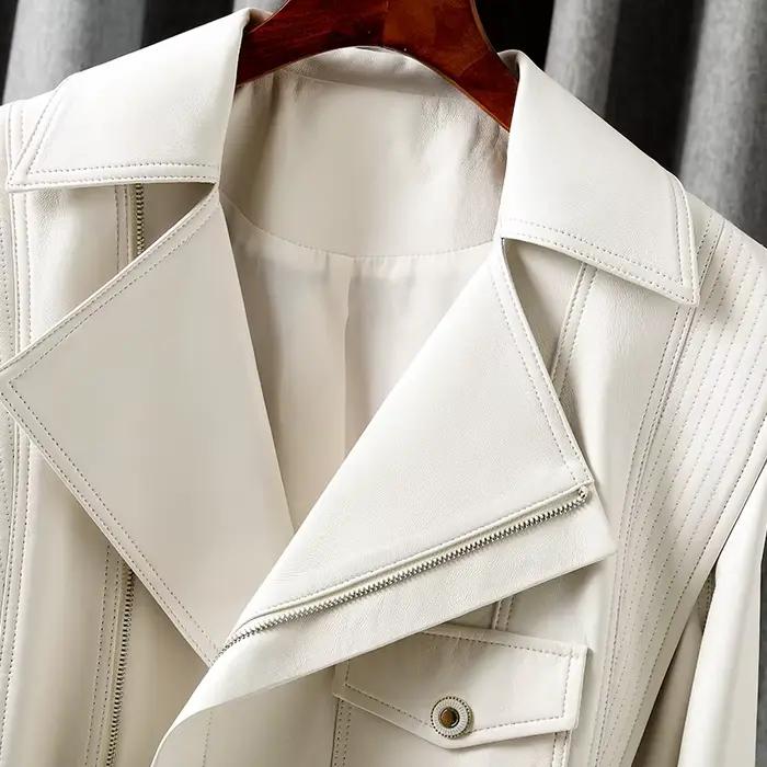 Veste pour femmes 2025 nouveau manteau européen en cuir véritable femme fermeture éclair grand revers court surdimensionné Locotive blanc Jaqueta Feminina