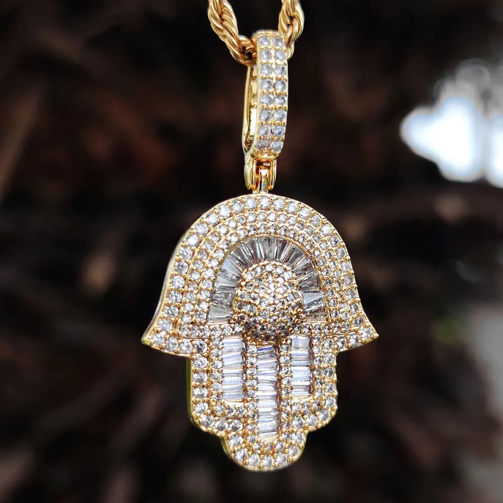 Collier Hip Hop Bling Iced Out pour hommes et femmes, 5A CZ, Pave Hamsa Hand, Pendentif Fatima, Tenn