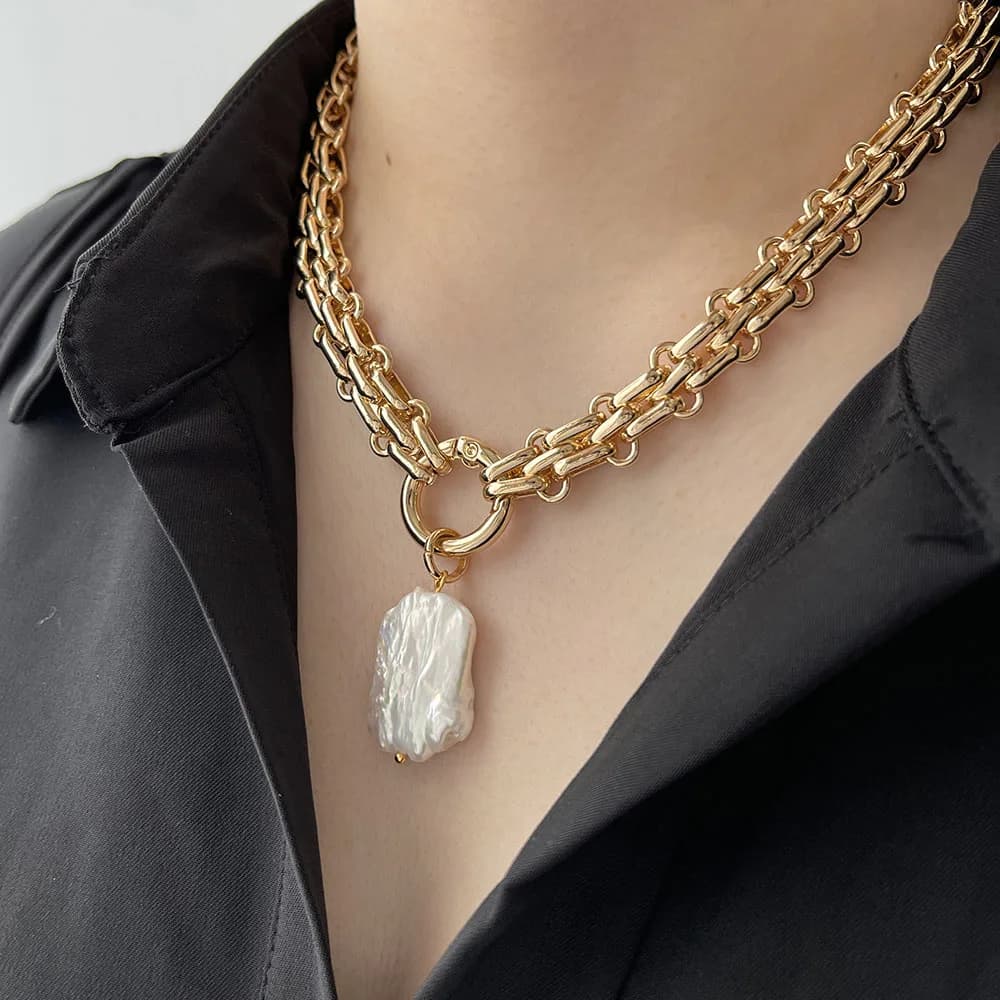 Peri'sBox grand carré naturel perle d'eau douce pendentif grosse chaîne collier pour femmes Vintage élégant baroque perles colliers